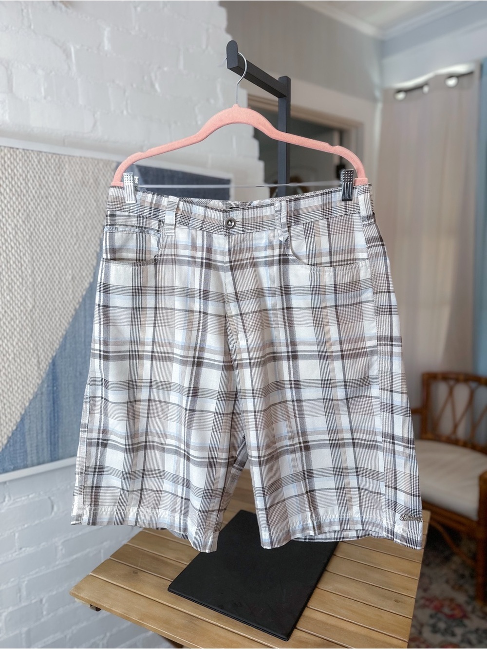 Billabong Tan Brown and Blue Plaid Shorts